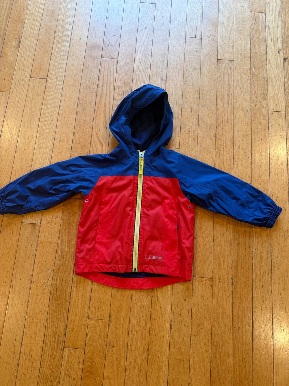 L.L. Bean Kids' Red and Navy Hooded Rain Jacket with Yellow Zipper
